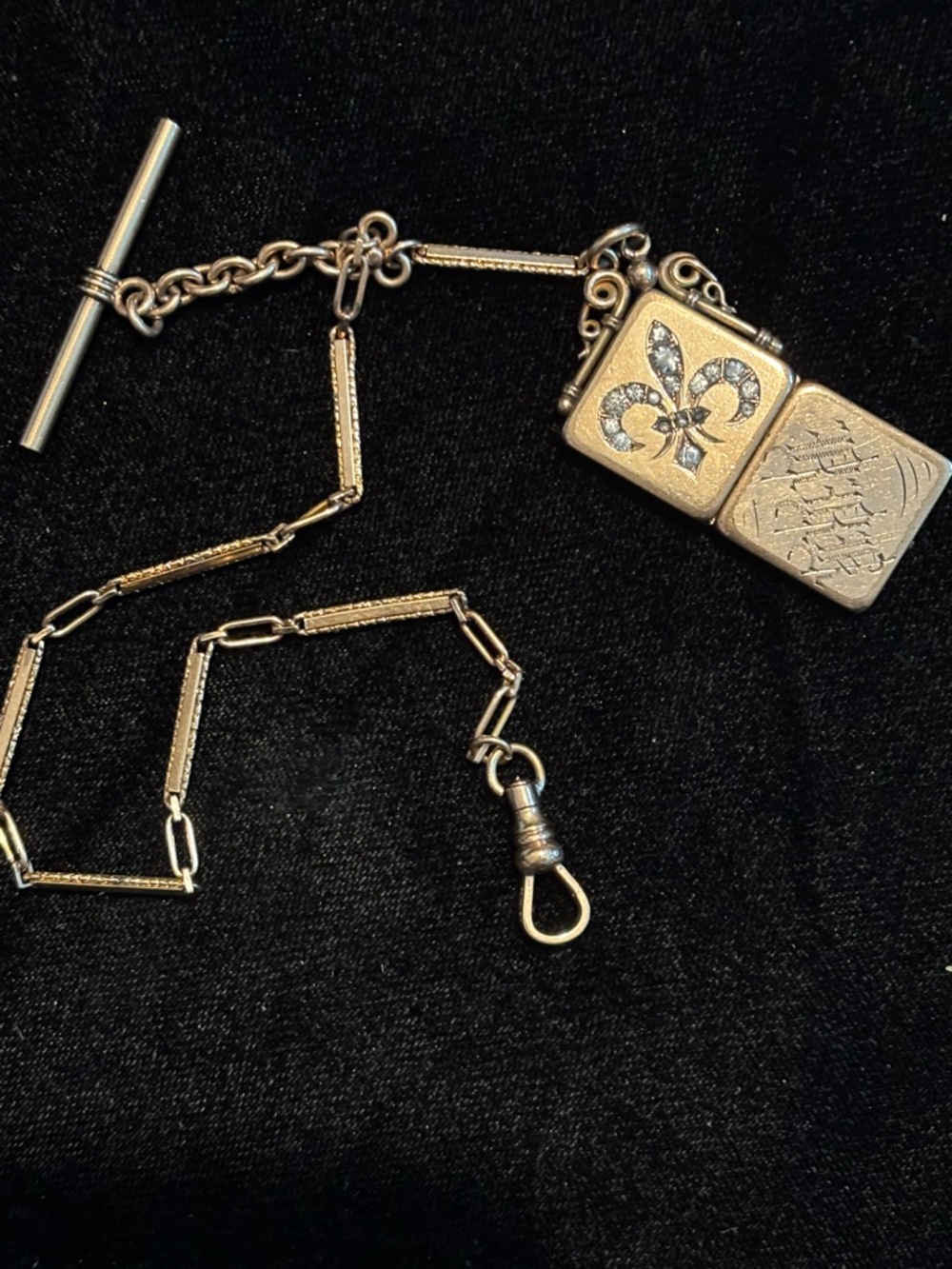 Antique S&S+W&H.co  old roseGold plated Fob Chain with Fleur-de-Lis Vesta Charm